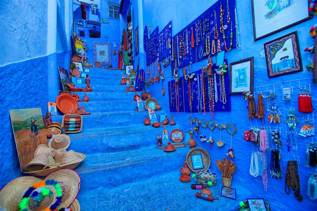 Blue buildings in Chefchaouen, trip from Spain to Morocco